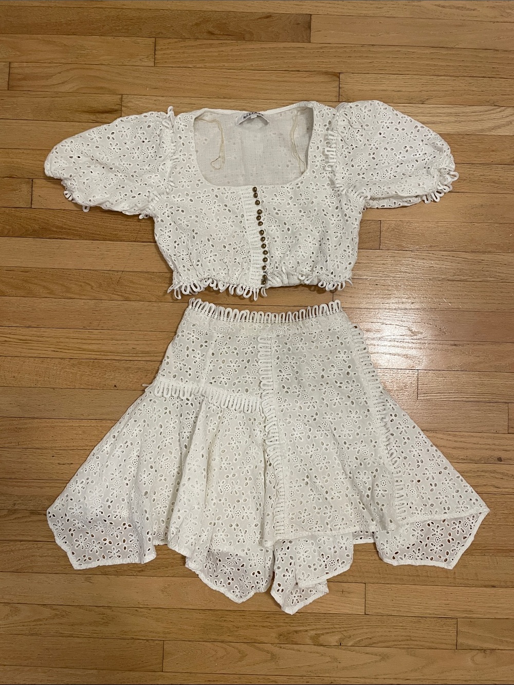 ELLIATT White Eyelet Two-Piece Crop Top & Skirt Set - Size Medium
